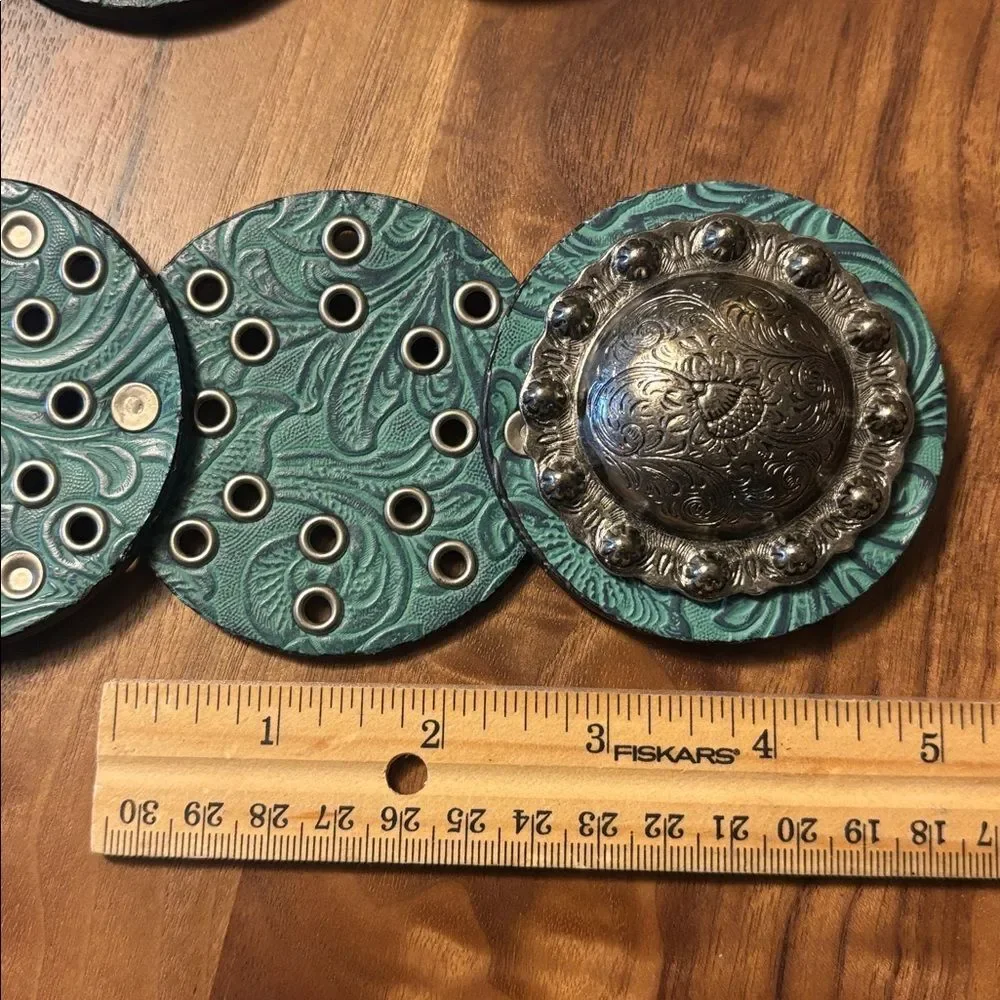 Boho Turquoise Embossed Leather Disc Belt - Large